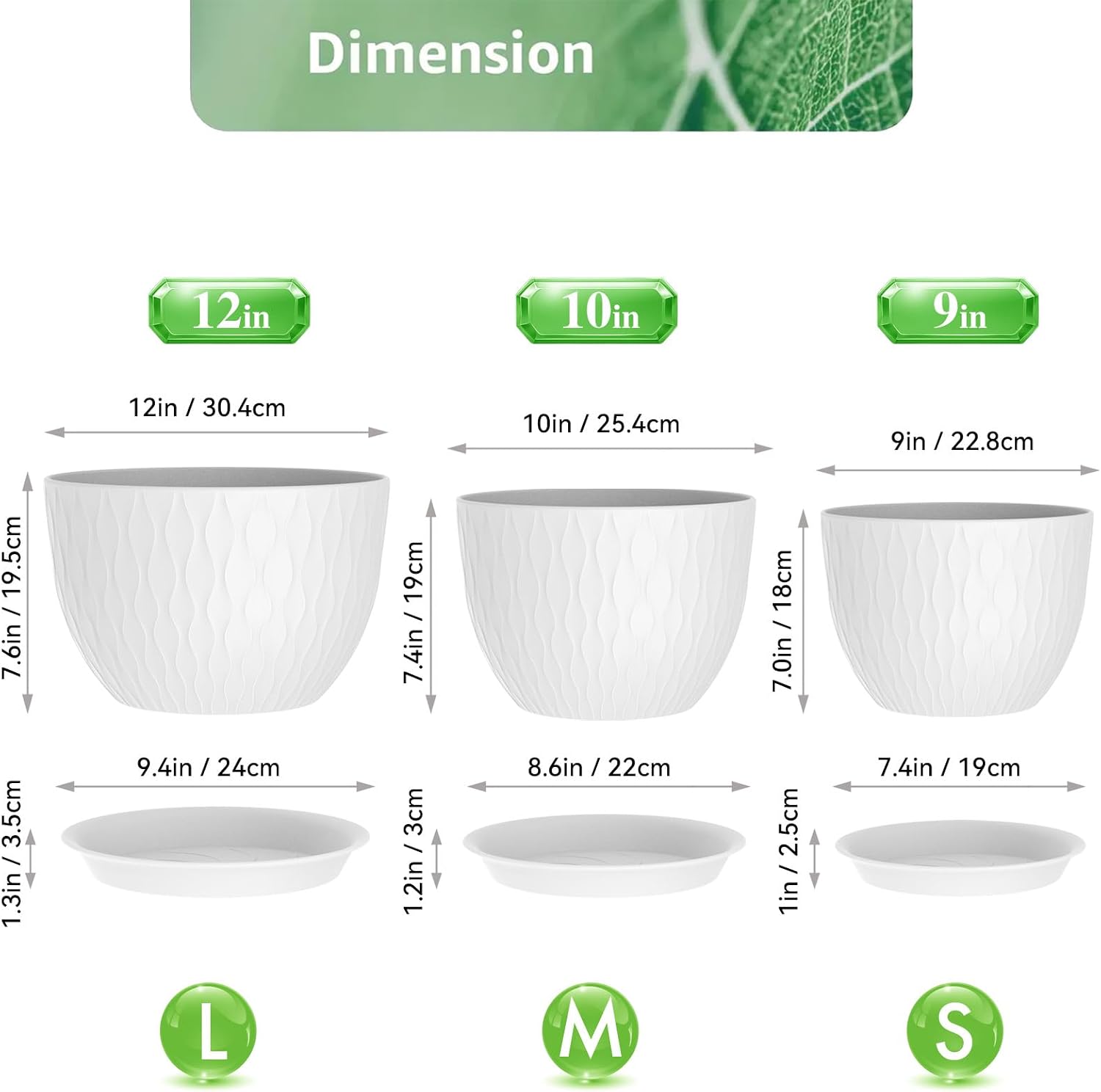 QRRICA Plant Pots 12/10/9 Inch Pots, Set of 3 Plastic Planters with Drainage Holes and Saucers,Plastic Flower