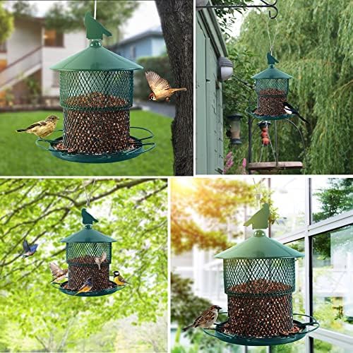 Metal Bird Feeder for Outside Hanging, Bird Feeders Squirrel Proof, 4 Lbs Capacity Iron Mesh Durable Wild Outdoor Birdfeeder with 6 Perches for Finch Cardinals,Gifts for Birds Lovers- Green