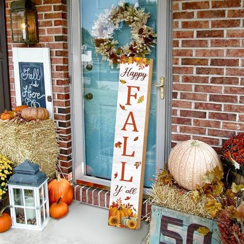 47" Fall Wooden Porch Sign Happy Fall Y' All Front Door Welcome Sign Pumpkin Maple Leaf Standing Sign Vertical Wooden Hanging Decor for Thanksgiving Garden Home Yard Farmhouse Autumn Decorations