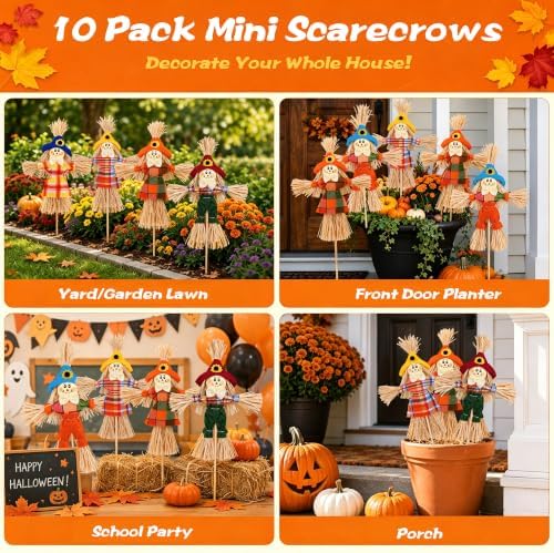 10 Pcs Halloween Scarecrow Decor, 13.8 Inch Scarecrows on Sticks for Garden