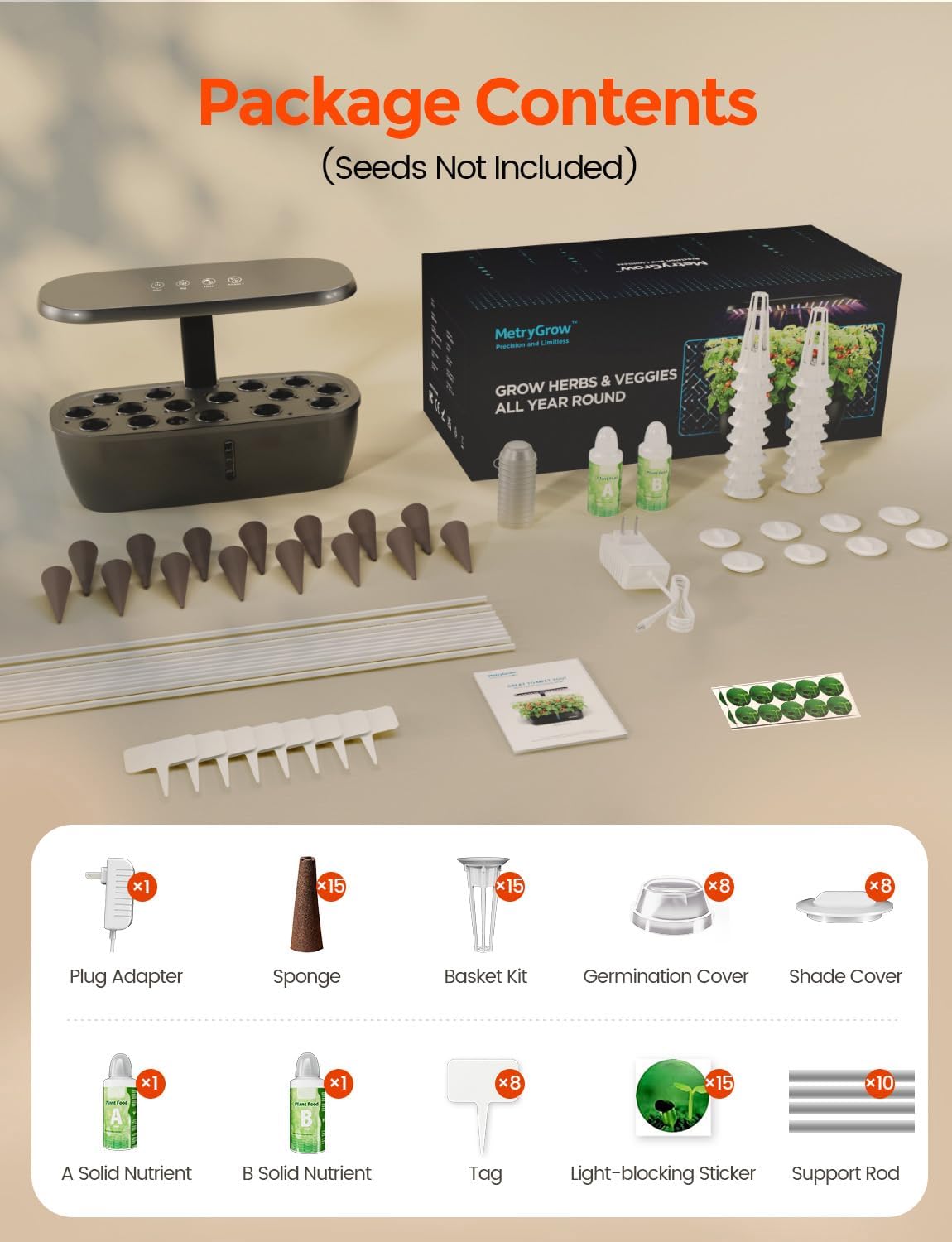 MG-15 Hydroponic Growing System Kits, Smart Indoor Garden with 24W Grow LED Light Full Spectrum, 15 Pods Herb Garden