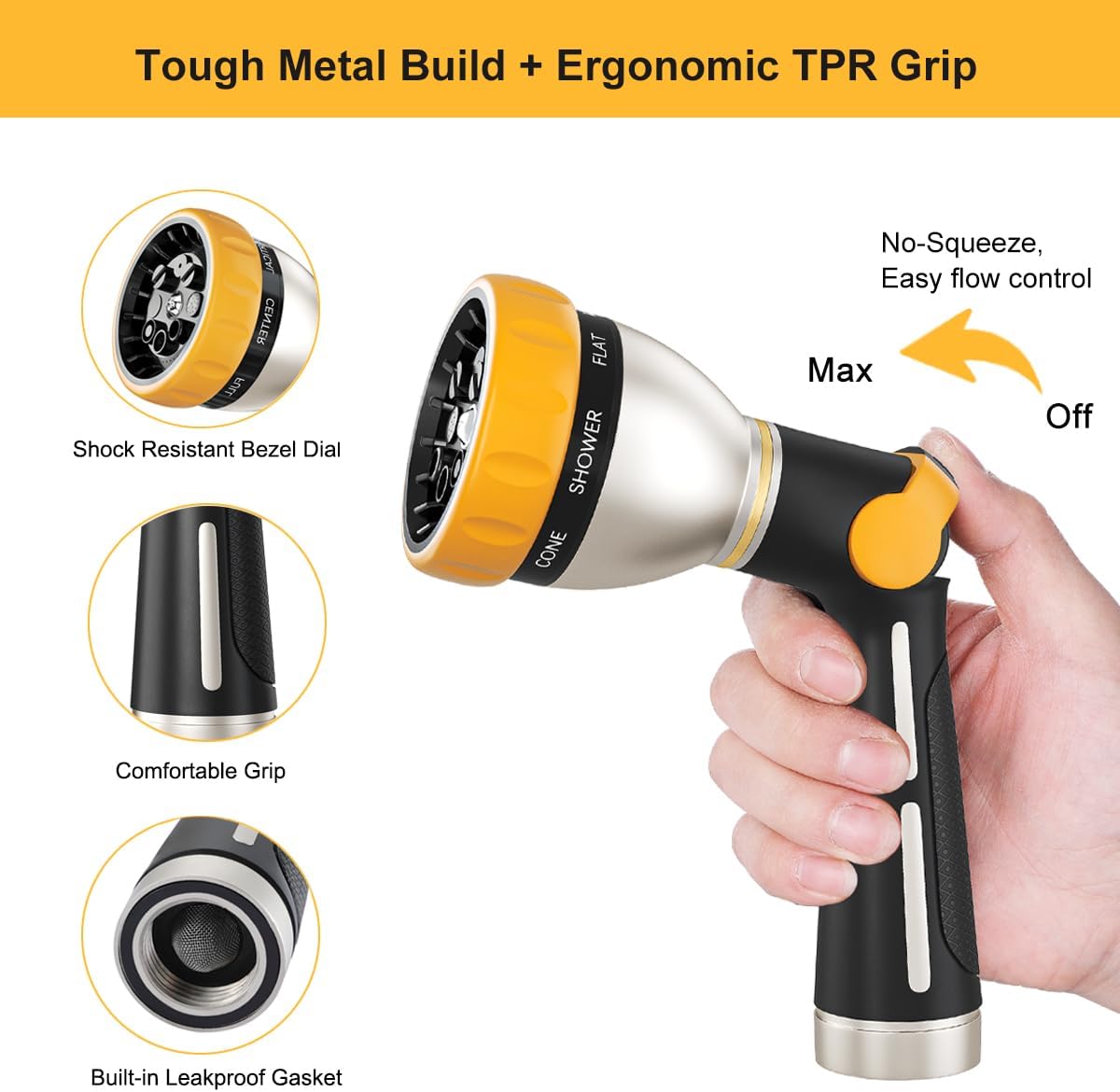 FANHAO Thumb Control Garden Hose Nozzle Heavy Duty Metal, 8 Spray Patterns | Rustproof Leakproof, Non-Slip Ergonomic