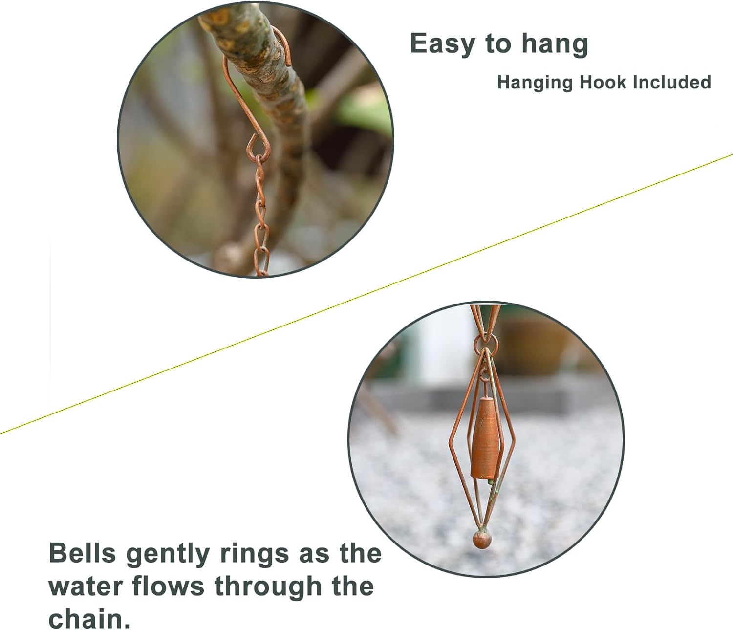 8.5 Ft Diamond & Bell Rain Chain, Patina Gutter Decorative Rain Chain | Copper Patina Finish Iron