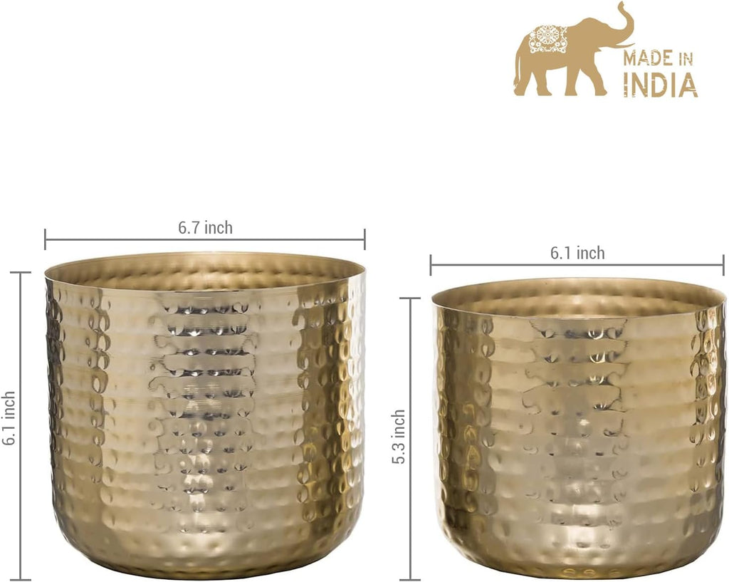 MyGift Modern Hammered Brass Plated Metal Planter Pots – Set of 2 Indoor Plant Containers, 6 & 5-Inch Cylindrical