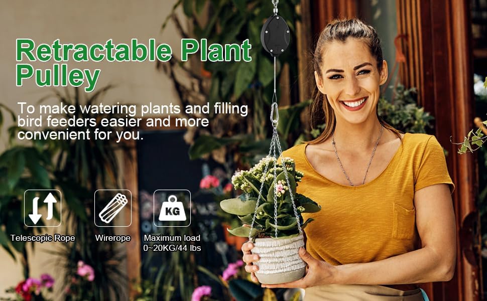 4 Pack Heavy Duty Plant Pulley, Retractable Plant Hanger with Steel Rope | 63" Stainless Steel Rope, Quick Lock