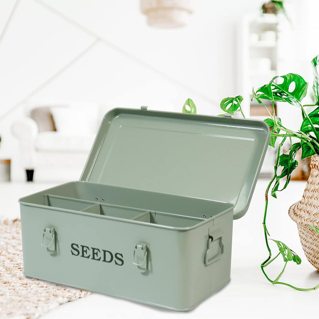 Seed Storage Box Metal Container Organizer, 4-Compartment Garden Seed Box with Safety Locks - Grayish Green