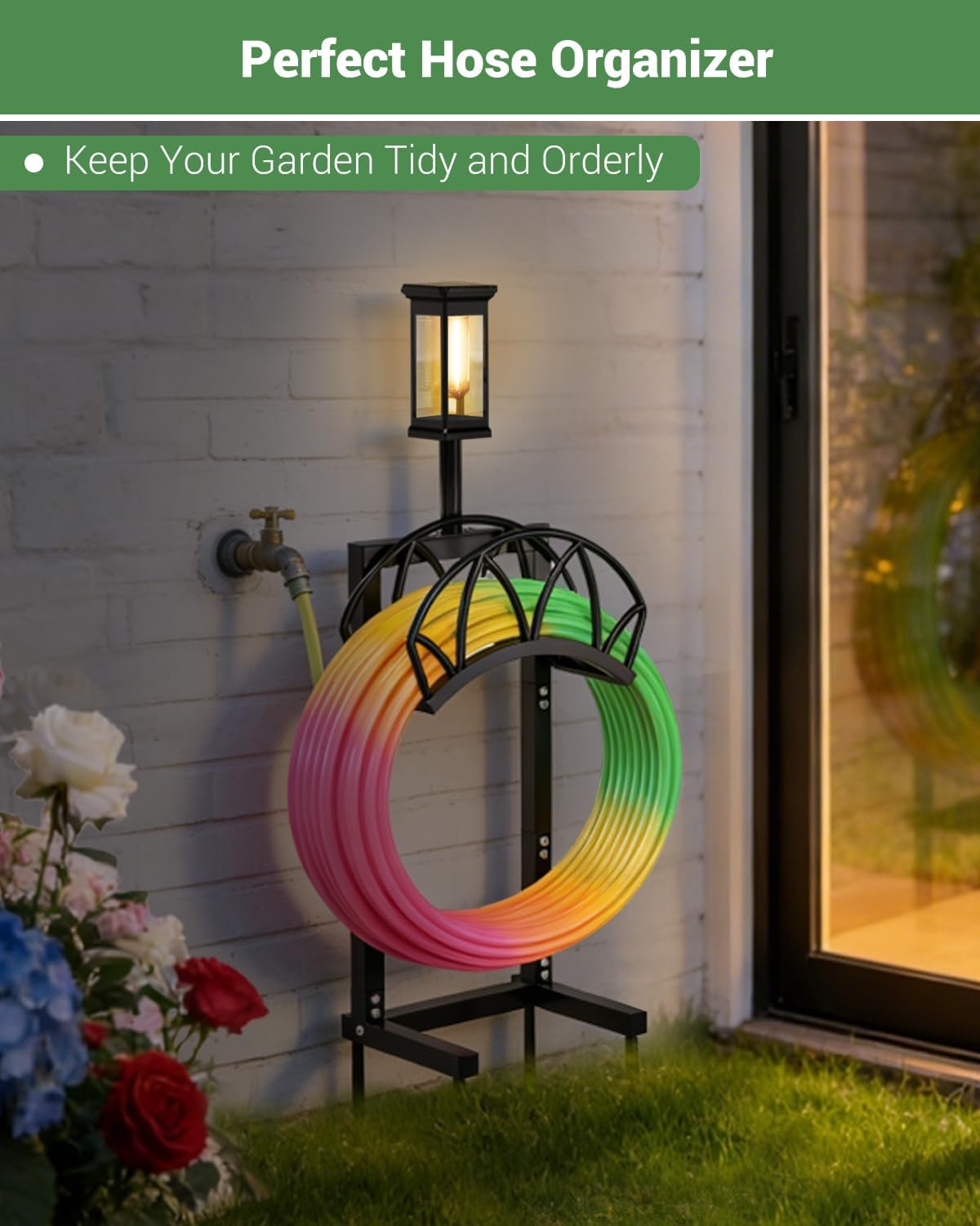 Garden Hose Holder with Solar Light, Freestanding Hose Stand for Outside | Heavy Duty Detachable Hose Storage Rack