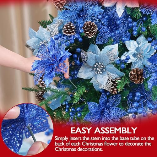 Hommtina 56 Pcs Christmas Decorations, 4 Styles Poinsettias Artificial Christmas Flowers Glitter Berries Stems Ornaments Tree with Pine Cones & Stems for Xmas Wedding DIY Wreath Floral Party (Blue)