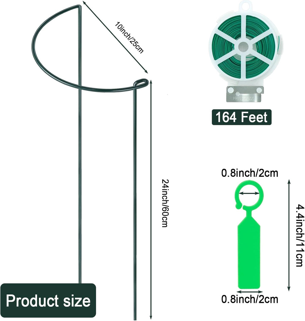 12 Pack 24 Inch Tall Plant Support Stakes, 10" W x 24" H Half Round Peony Cages and Support, Heavy Duty Green Plant