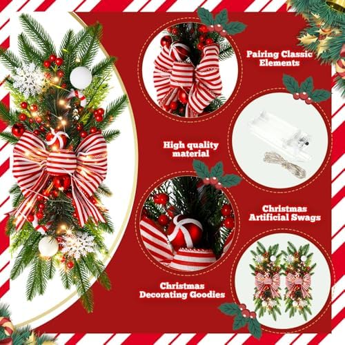 Lyrow 2 Pack 24" Christmas Stairway Swag with Lights, Red White Ribbon