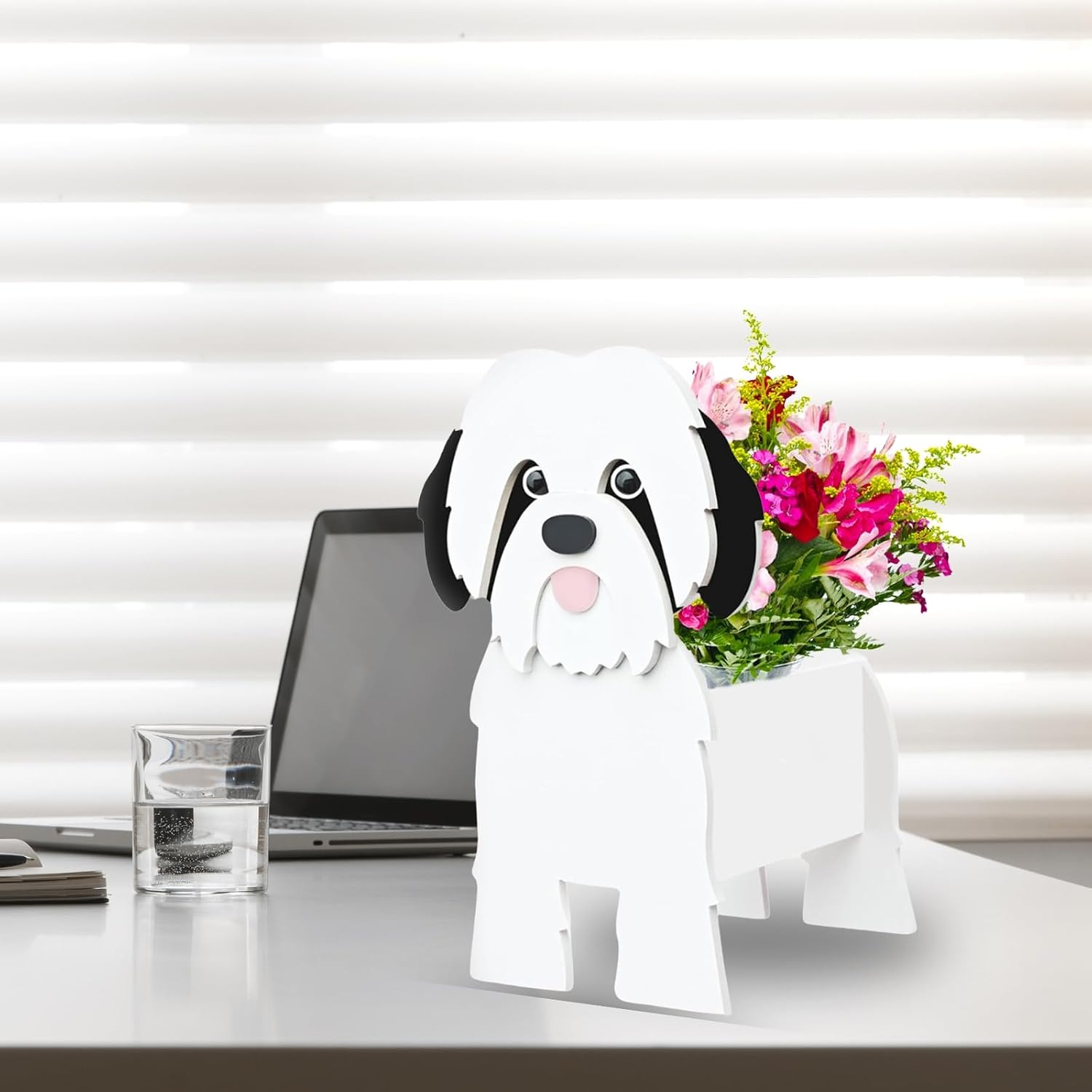 Black and White Shih Tzu Dog Planter, Animal Shaped Flower Pot | Cute Plant Gift for Women and Pet Lovers, Indoor