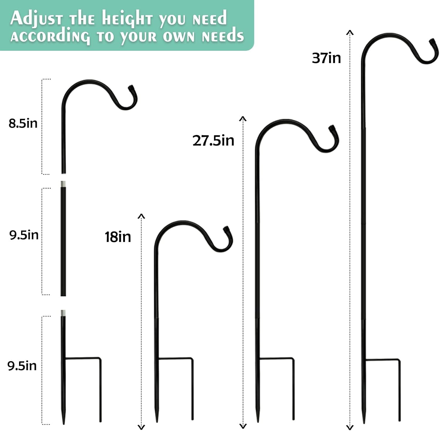 Urban Deco 8 Pack Heavy Duty Shepherds Hook, 37 Inch Tall Plant Hooks | Adjustable Height Garden Stakes & Plant Hooks