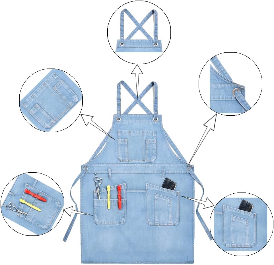Denim Apron with Big Pockets Adjustable Cooking Apron Jean for Hair Stylist Gardening Craftsmen Barista Hairdresser