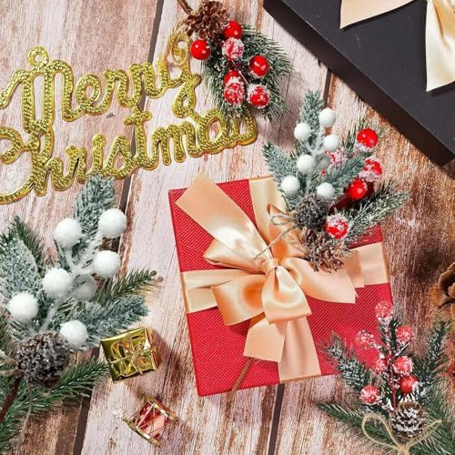 Artificial Pine Cones Picks with Red White Berries and Holly Leaves - Frosted Snow Christmas Greenery Stems for DIY Holiday Wreaths, Centerpieces, Winter Crafts and Home Decor (10)
