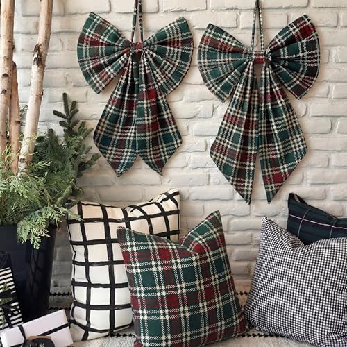 Suncalla 2 Pcs Red Green Christmas Plaid Wreath Bows 18'' x 12''