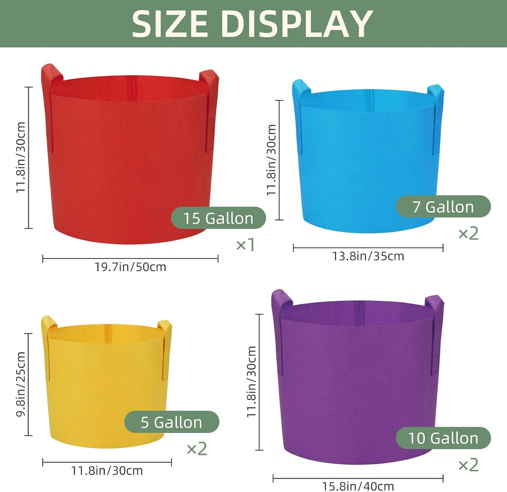 LITLANDSTAR 7 Pack Multicolor Grow Bags, Thickened Nonwoven Plant Fabric Pots with 4 Colors and 4 Sizes - 5/7/10/15