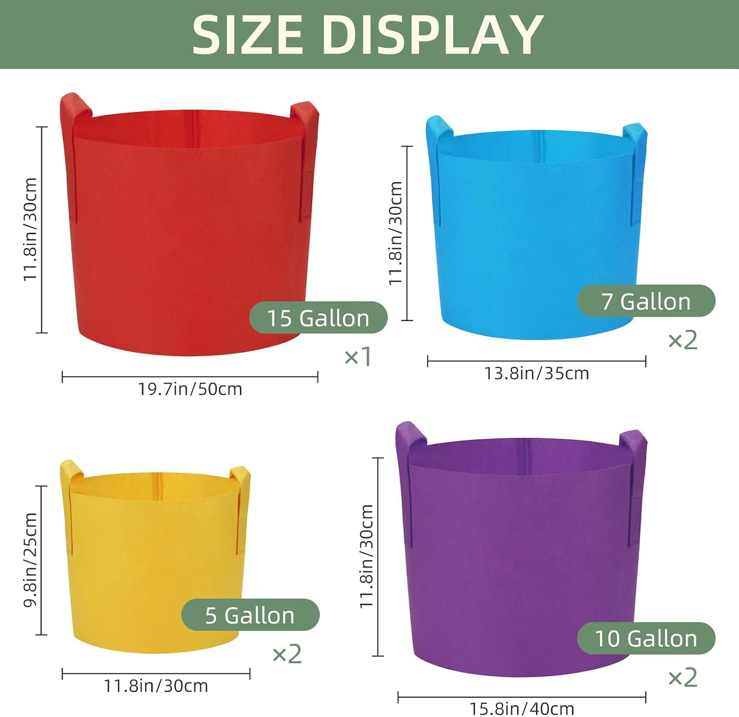 LITLANDSTAR 7 Pack Multicolor Grow Bags, Thickened Nonwoven Plant Fabric Pots with 4 Colors and 4 Sizes - 5/7/10/15
