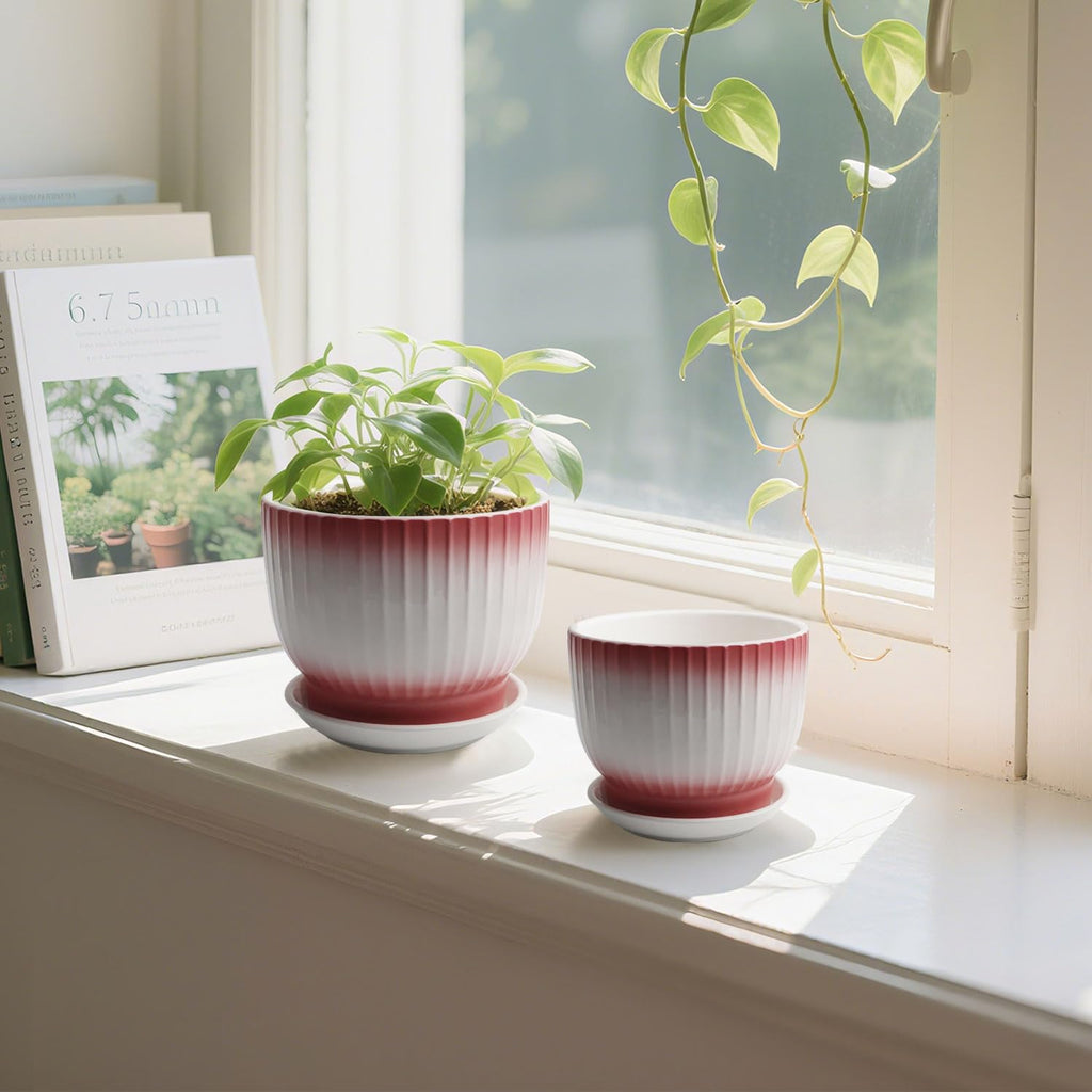 6.7 + 5.5 Inch Ceramic Plant Pots,Set of 2,Planters with Drainage Hole and Saucer,Flower pots for Indoor Plants,Elegant