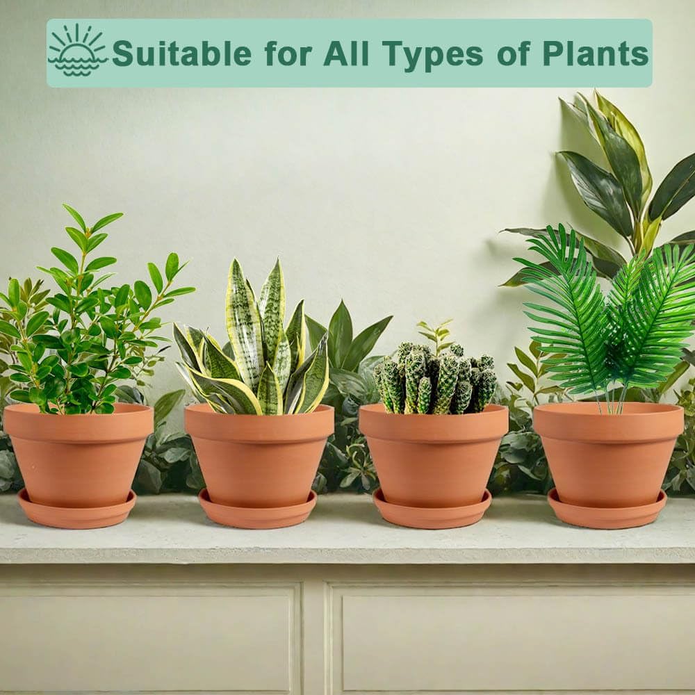 8 Inch Terracotta Pots with Saucer - 1 Pack Large Terra Cotta Pot with Drainage Hole, Clay Planters Pot for Indoor