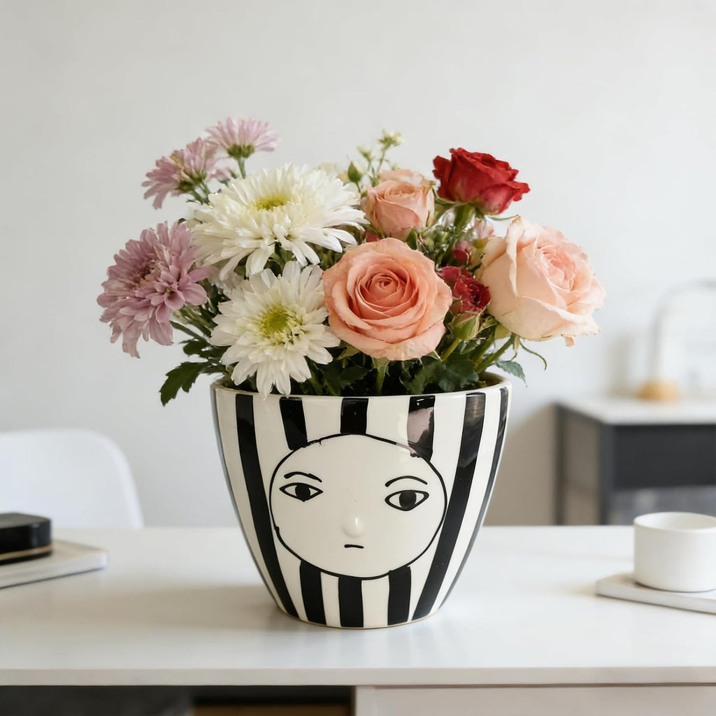 Modern Abstract Face Ceramic Planter with Black & White Stripes ，5.9in Indoor Planter with Drainage Outlet and Tray