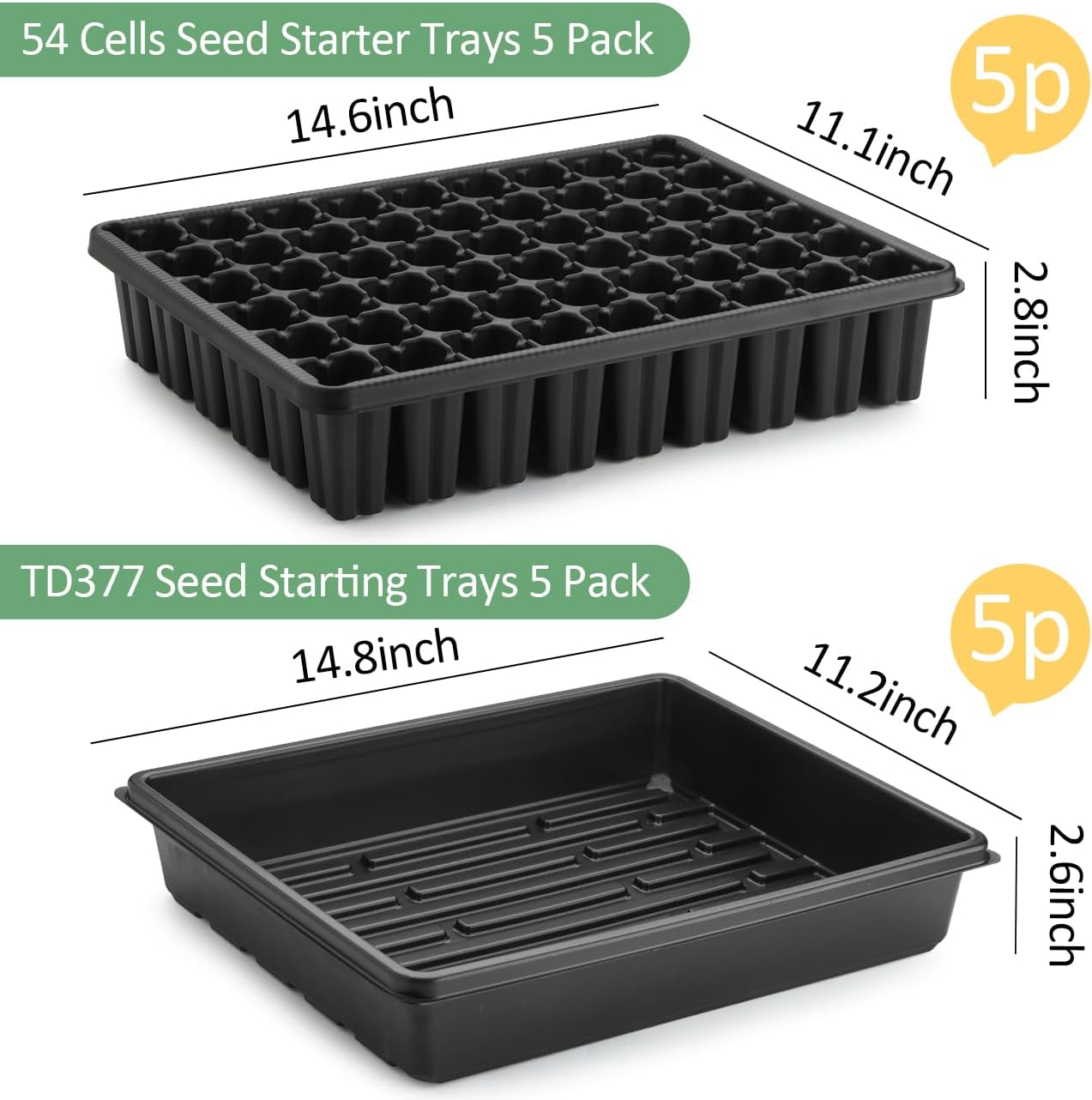 RooTrimmer 5 Pack Seedling Starter Trays No Holes and 5 Pack 54 Cell Seed Starter Trays Extra Deep 2.8" - Heavy Duty