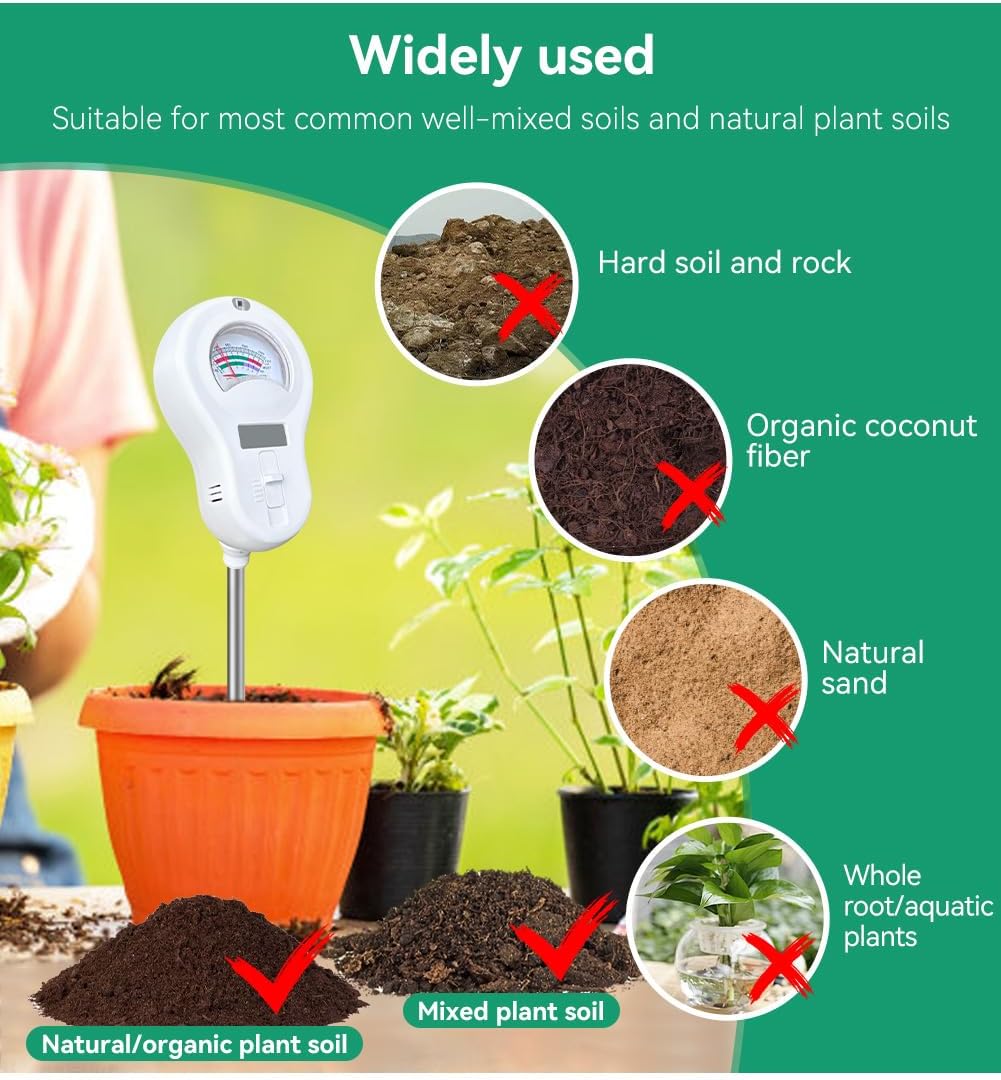 6-in-1 Soil Moisture Meter, PH Tester, Soil Moisture, Fertility, Sunshine Intensity, Temperature, Humidity, with
