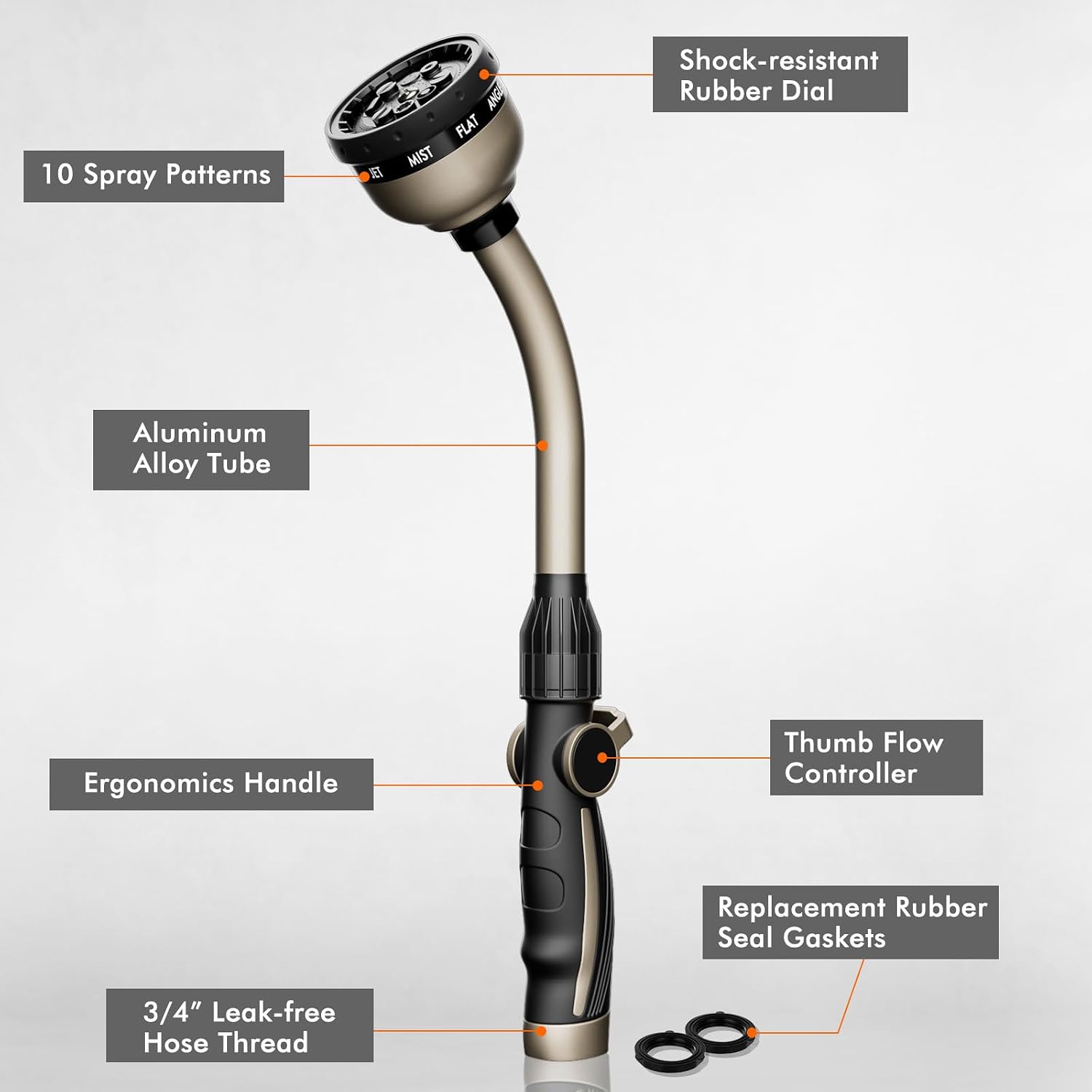 RESTMO Watering Wand Heavy Duty, 15-Inch Long Hose Nozzle Sprayer | 10 Spray Patterns & Thumb Flow Control, Metal