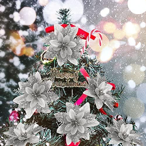 15 PCS Silver Poinsettia Flower Artificial Poinsettia with Clips Christmas Decor Glitter Poinsettia Christmas Ornaments Christmas Tree Flower Decoration with Stems DIY Xmas Wreath Holiday Party Decor