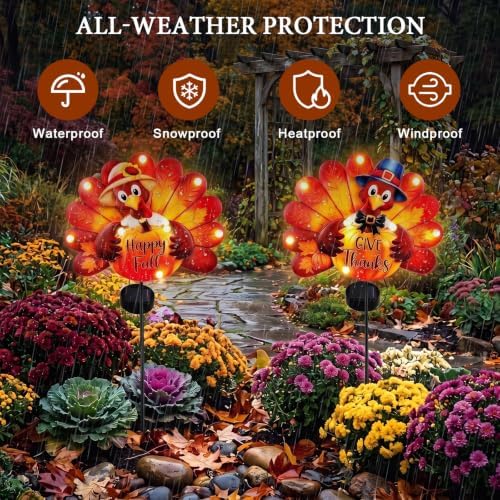 Lewondr 2PCS Thanksgiving Decorations Solar Fall Turkey Garden Stakes
