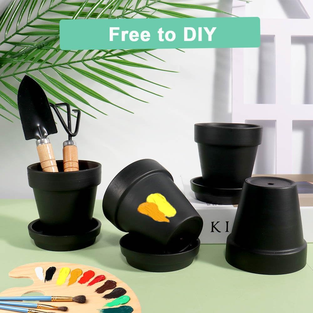 3 Inch Black Terracotta & Clay Pots with Saucer, 12 Pack | Clay Flowerpot with Drainage, Nursery pot for succulents