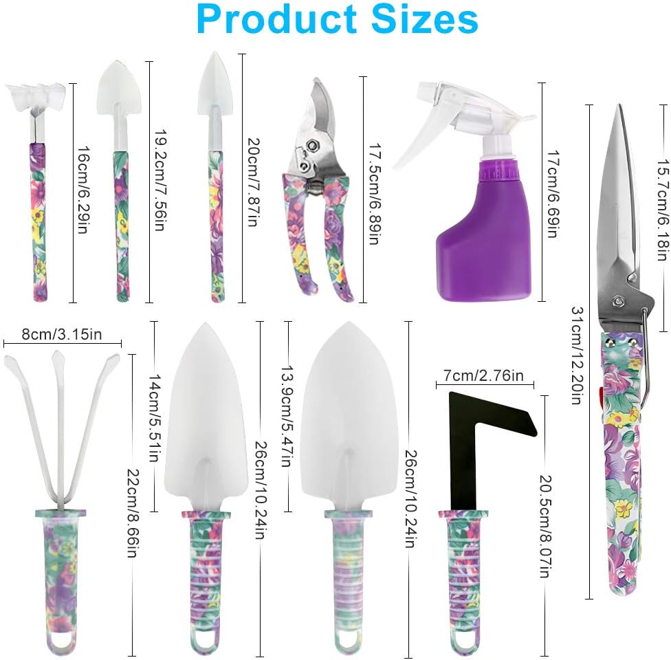 Jhua Garden Tool Set, 10 Pieces Gardening Tools Kit with Purple Flower Print, Ergonomic Handle Trowel Rake Weeder