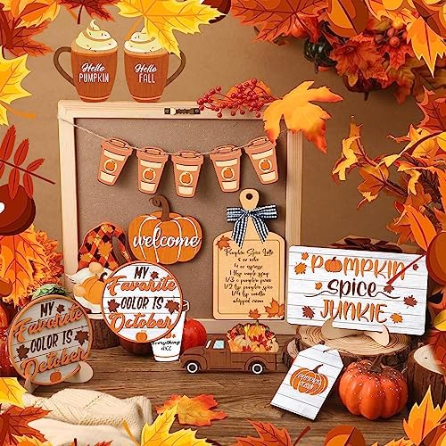 FairySandy 15 Pcs Fall Tiered Tray Decor Set, Pumpkin Table Signs