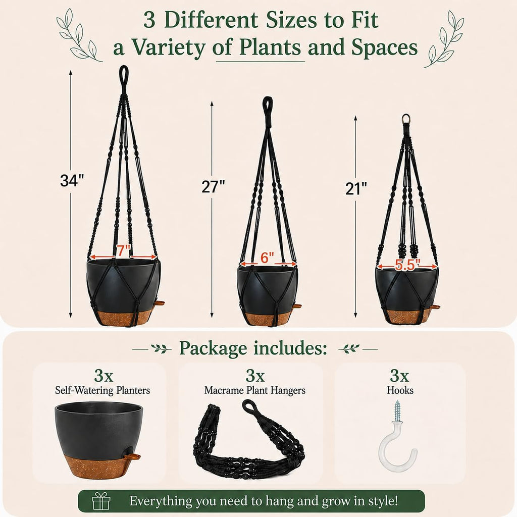 Bouqlife 3 Pack Self Watering Hanging Planters Macrame Plant Hangers with Indoor Flower Pots, 3 Different Size Hanging