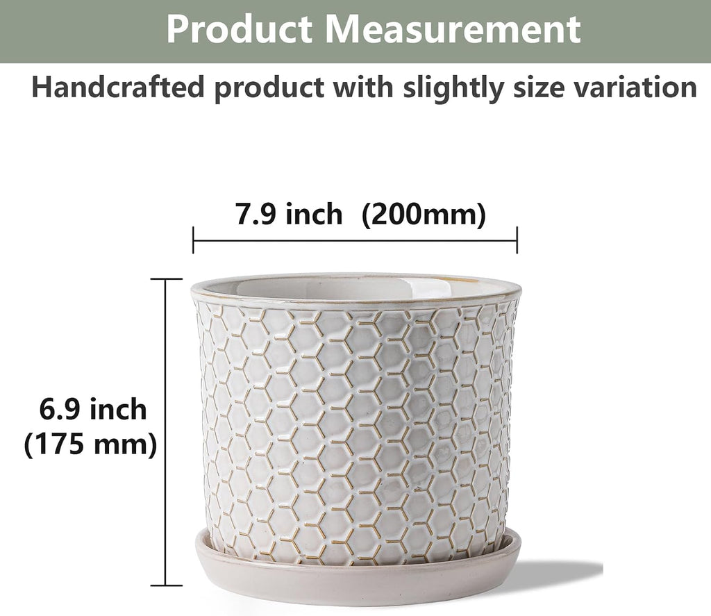 8 Inch Ceramic Plant Pot with Drainage Hole & Separate Saucer | Indoor/Outdoor Planter with Tray - Honeycomb Embosse