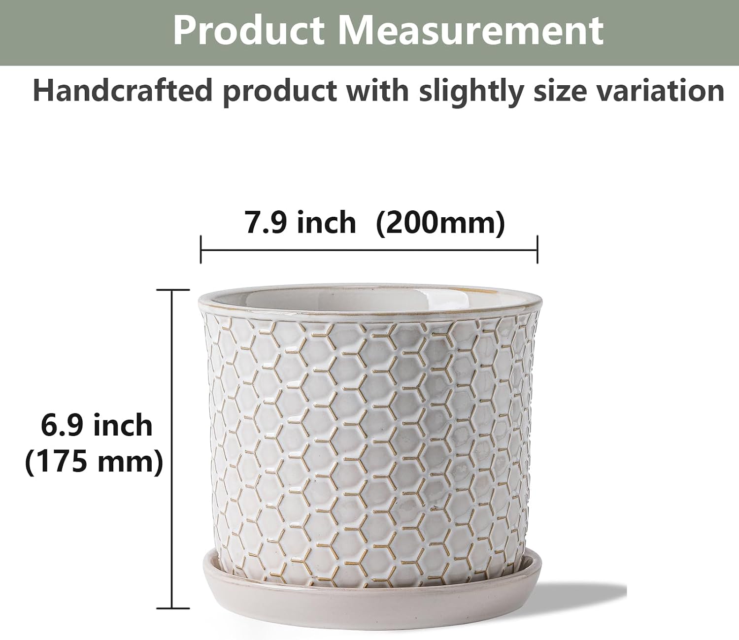 8 Inch Ceramic Plant Pot with Drainage Hole & Separate Saucer | Indoor/Outdoor Planter with Tray - Honeycomb Embosse