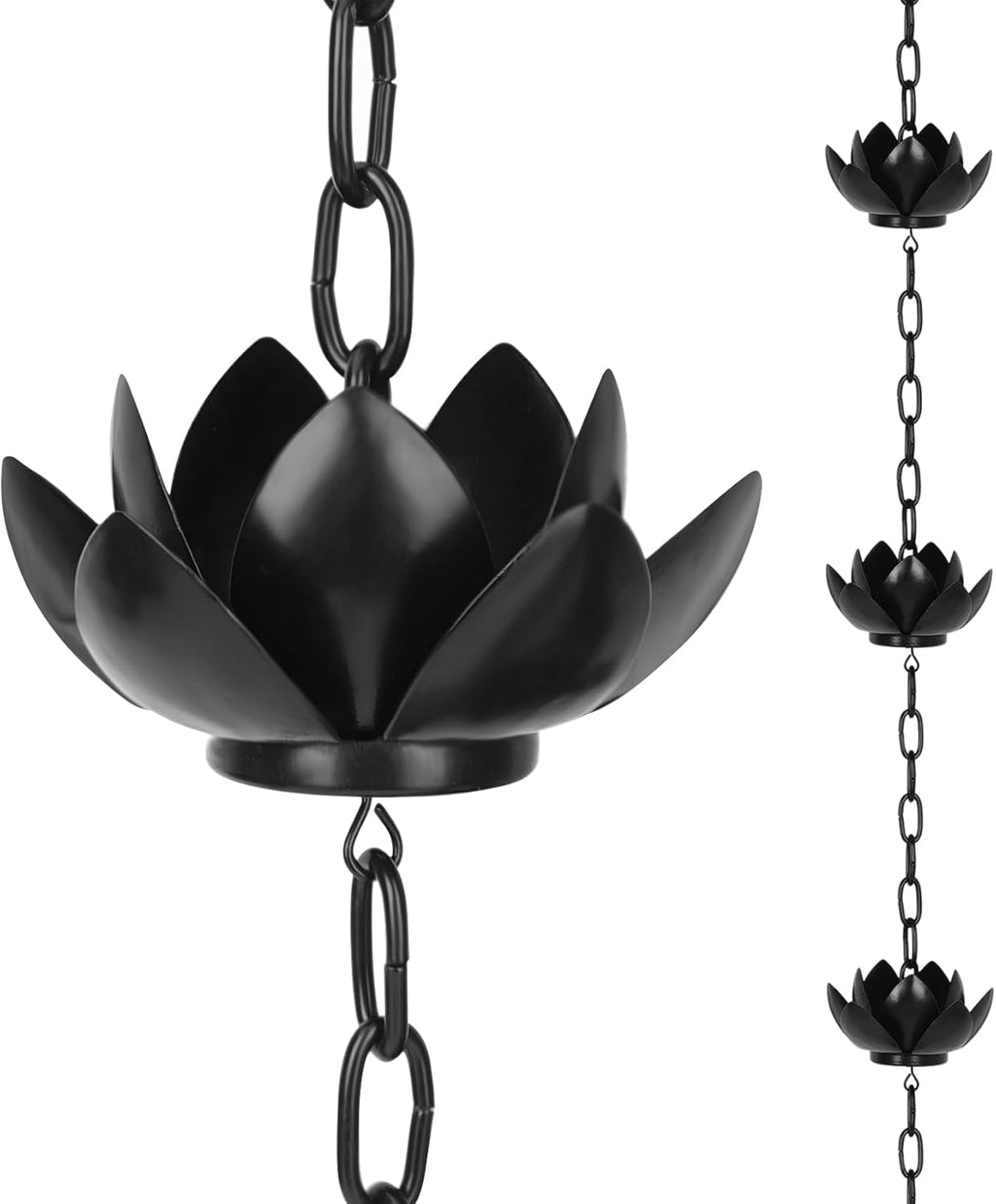 Rifachua 8.5ft Black Lotus Rain Chain for Gutter Downspout Outside | 12 Black Lotus Rain Chains Cups, Functional and