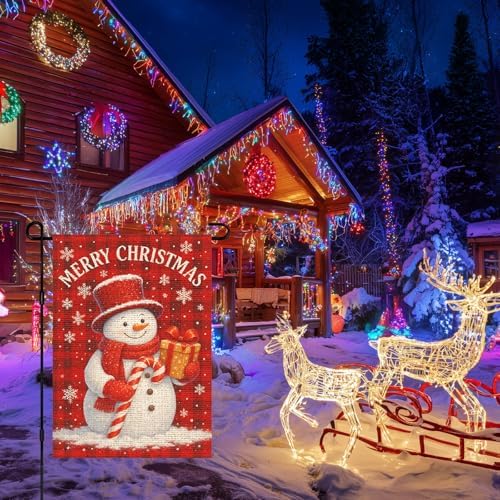 IVN Christmas Snowman Merry Christmas Garden Flag Yard Flag for Outside 12 x 18 Inch Double Sided Burlap Candy Cane Banner for Patio Lawn Home Outdoor Decoration