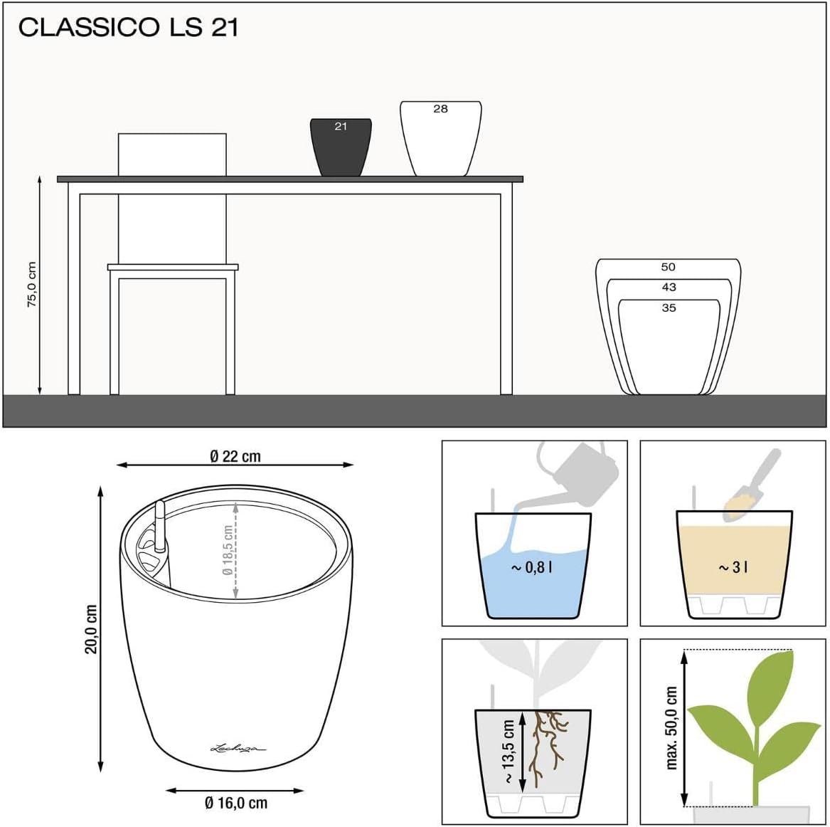 LECHUZA Self Watering Pots for Indoor Plants, 1 Pack 8 Inch (Glossy White) | Classico 21 LS, D8.3 H7.9 Inch, for