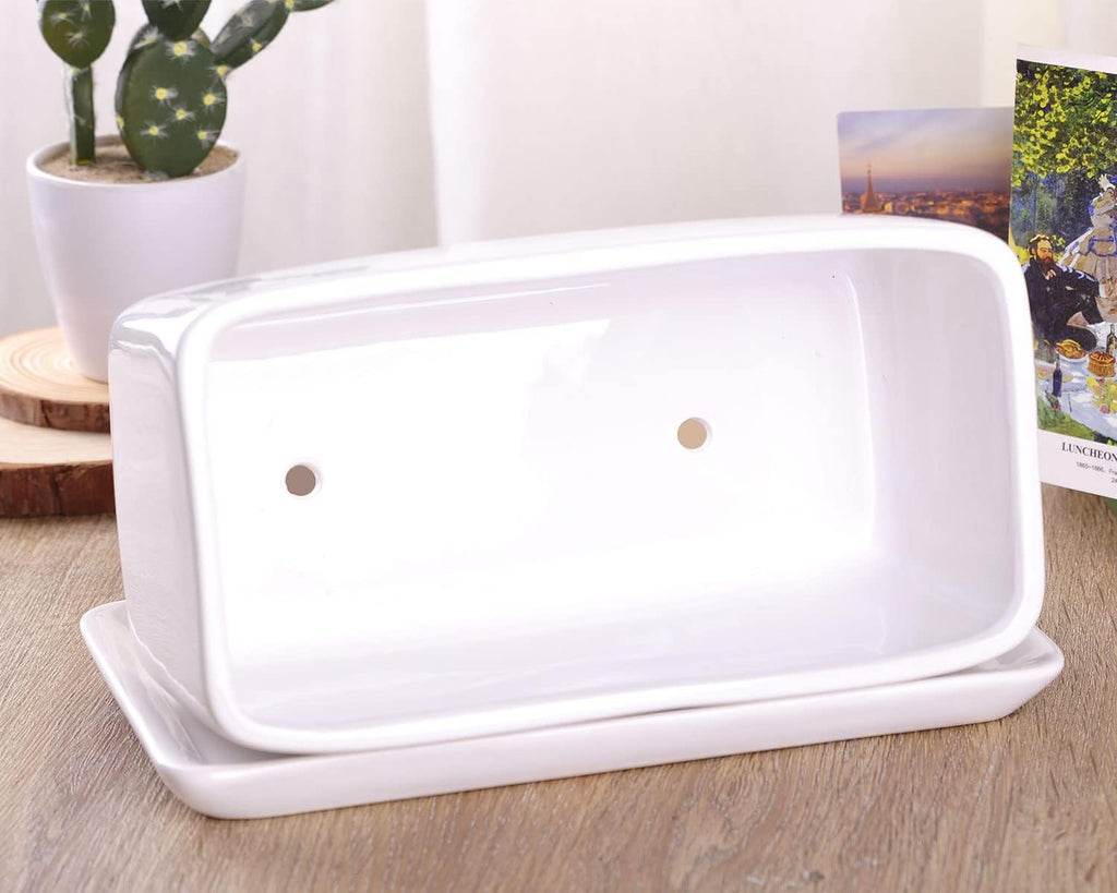 VanEnjoy 10 Inch White Rectangle Ceramic Succulent Planter Pot Decorative Cactus Plant Pot Flower Container with