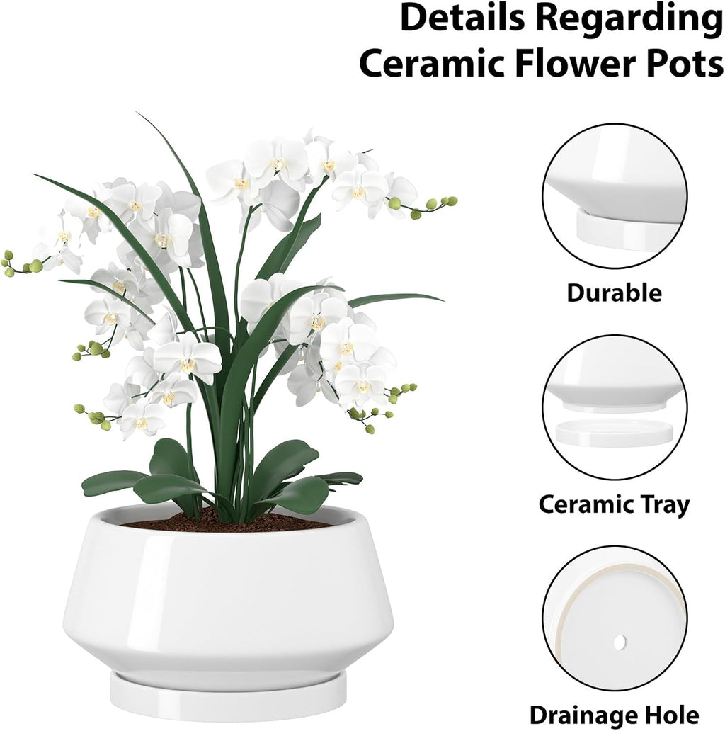 8.3 Inch White Ceramic Planter with Drainage Hole and Saucer | Ideal for Indoor and Outdoor Plants, Modern Home Decor