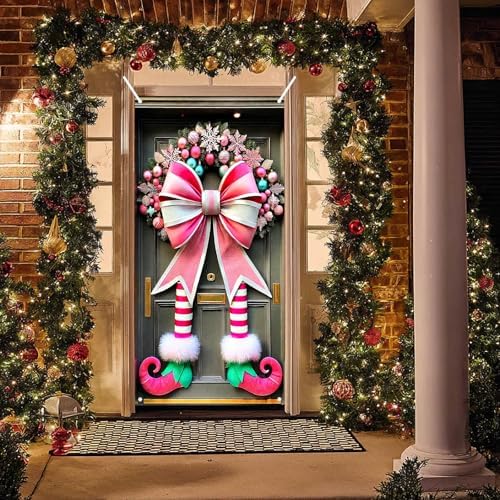BlissYard Christmas Door Cover Elf Bow 35x71 Inch Polyester