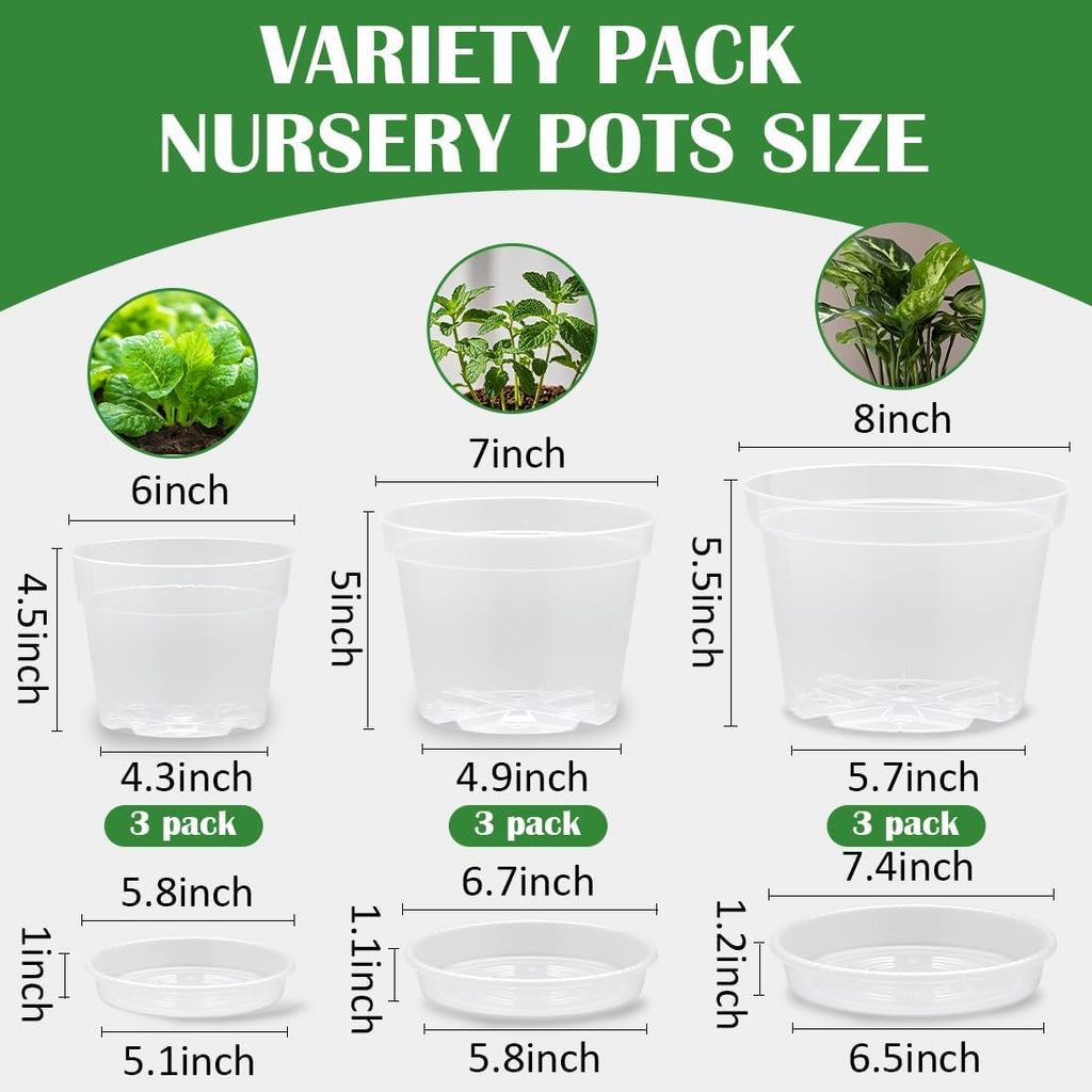 9 Pack 8/7/6 Inch Clear Nursery Pots for Plants with Saucer, Transparent Plastic Plant Pots with Drainage Holes, Sturdy