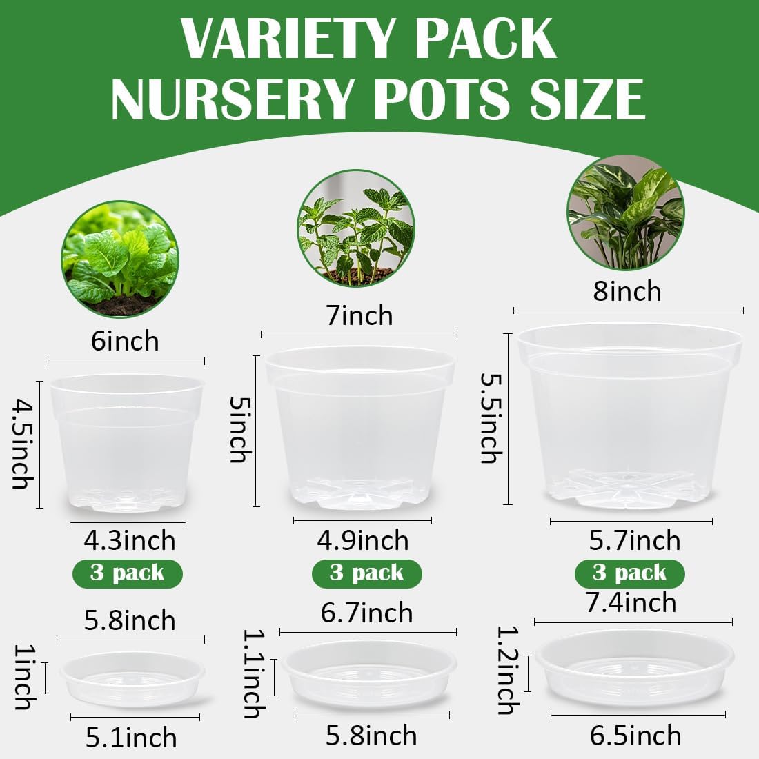 9 Pack 8/7/6 Inch Clear Nursery Pots for Plants with Saucer, Transparent Plastic Plant Pots with Drainage Holes, Sturdy