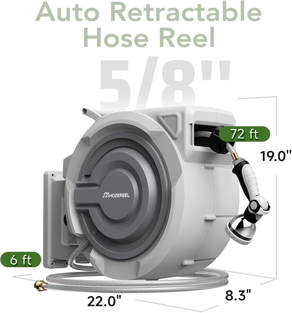 5/8" x 72 FT Retractable Garden Hose Reel | UV Resistant Automatic Slow Self Retract Hose Reel, 180°Swivel Wall Mount