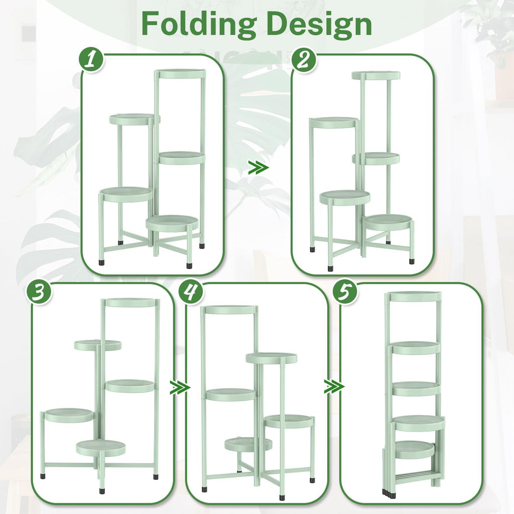 iDavosic.ly Plant Stand Indoor Outdoor, 5 Tier Metal Corner Shelf, Green | Tiered Flower Display Holder, Folding Multi