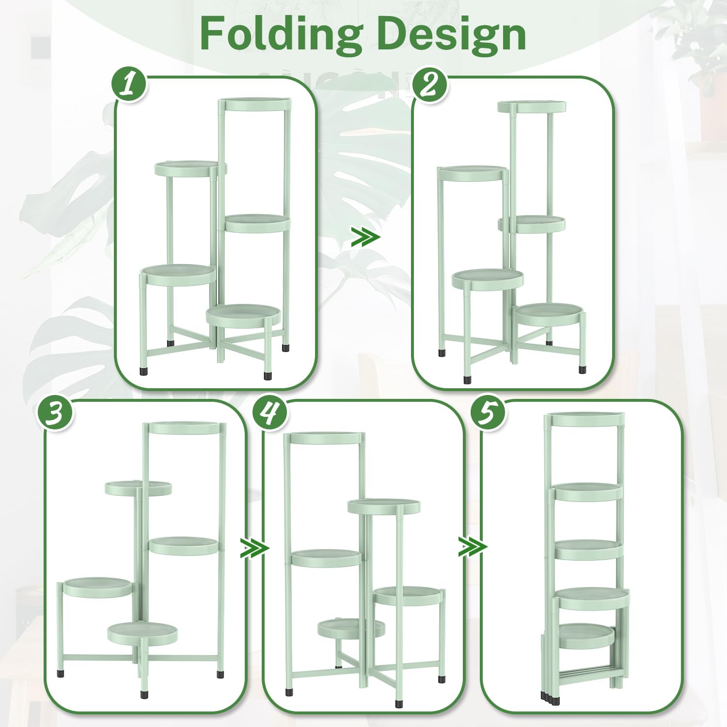 iDavosic.ly Plant Stand Indoor Outdoor, 5 Tier Metal Corner Shelf, Green | Tiered Flower Display Holder, Folding Multi
