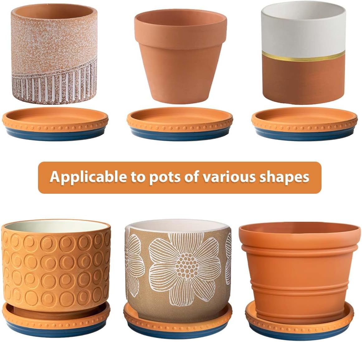 Plant Saucers, 8" Plant Trays to Catch Water, 2 Pcs, Premium Terracotta | Glazed navy blue and terracotta ceramic