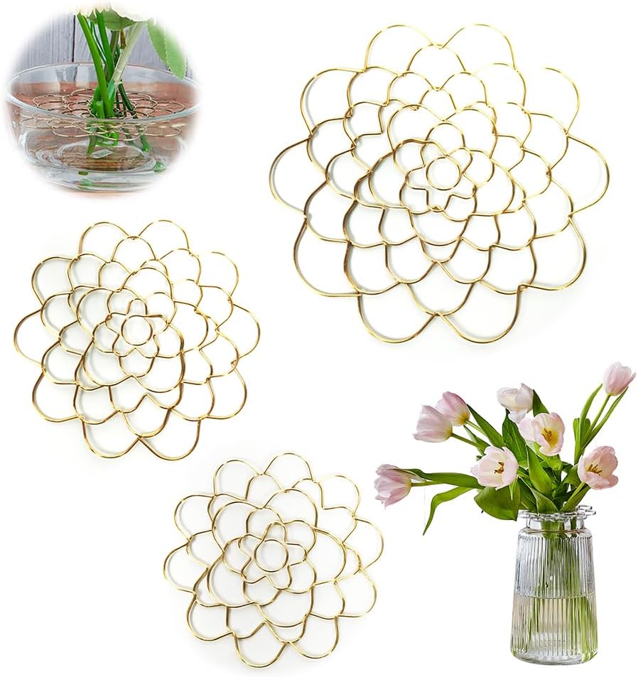 Stainless Steel Floral Grid Organizer, Flower Arrangement Holder, Floral Grid Reuseable Flower Frog Wire Arranger Twist for Vase Floral Stems Bouquets Plant Fixation Sliver (Gold-3pcMix)