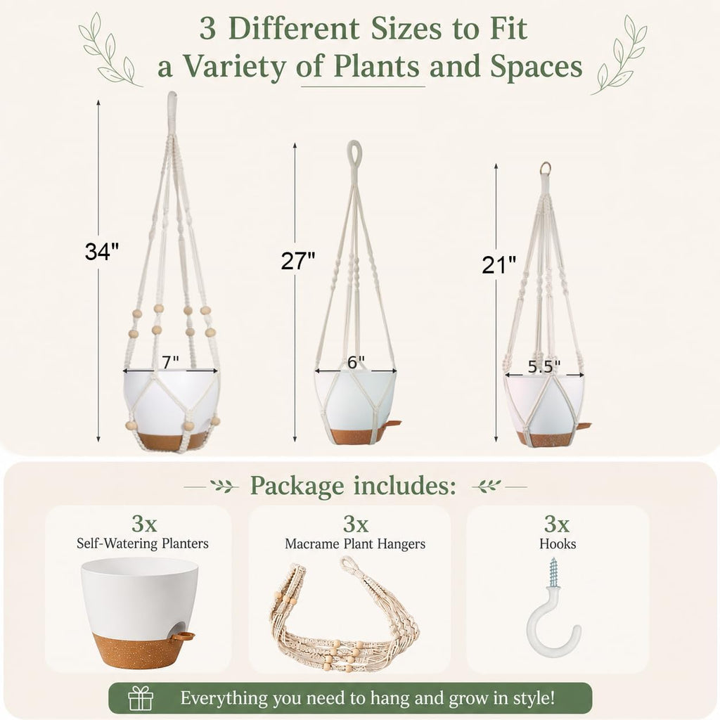 Bouqlife 3 Set Self Watering Hanging Planters for Indoor Plants | 7/6/5.5 Inch Pots with Macrame Plant Hangers