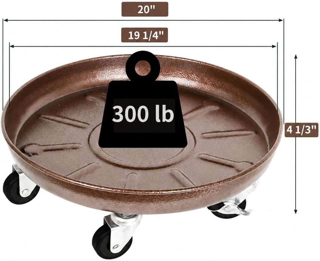 20" Metal Rolling Plant Caddy with Wheels, Indoor Outdoor, 2-Pack Bronze | Entirely Made of Metal, 8 x 360° Wheels